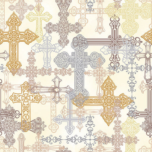 He Leads Me Ivory Crosses Fabric by the 1/2 yard